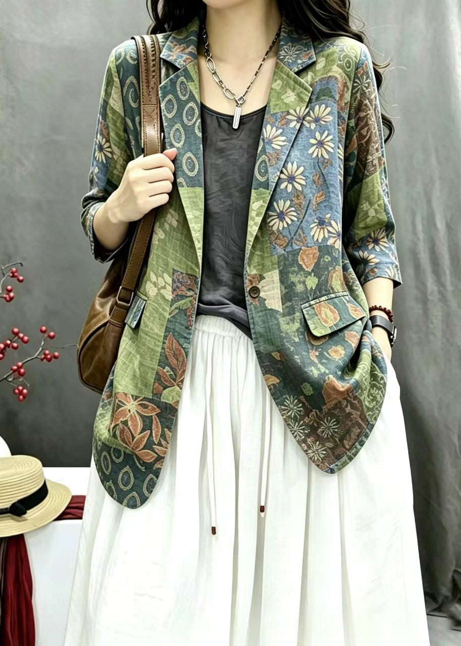 Simple Green Print Notched One Button Jacket Spring