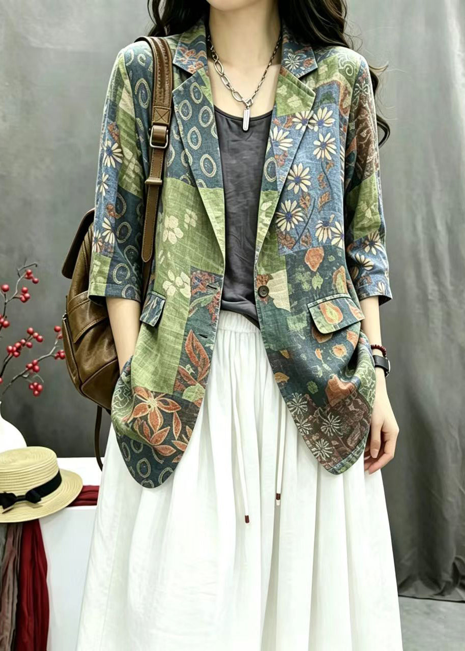 Simple Green Print Notched One Button Jacket Spring