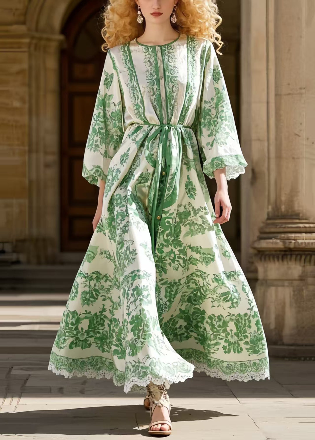 Simple Green Print Robe Dresses Exra Large Hem Spring