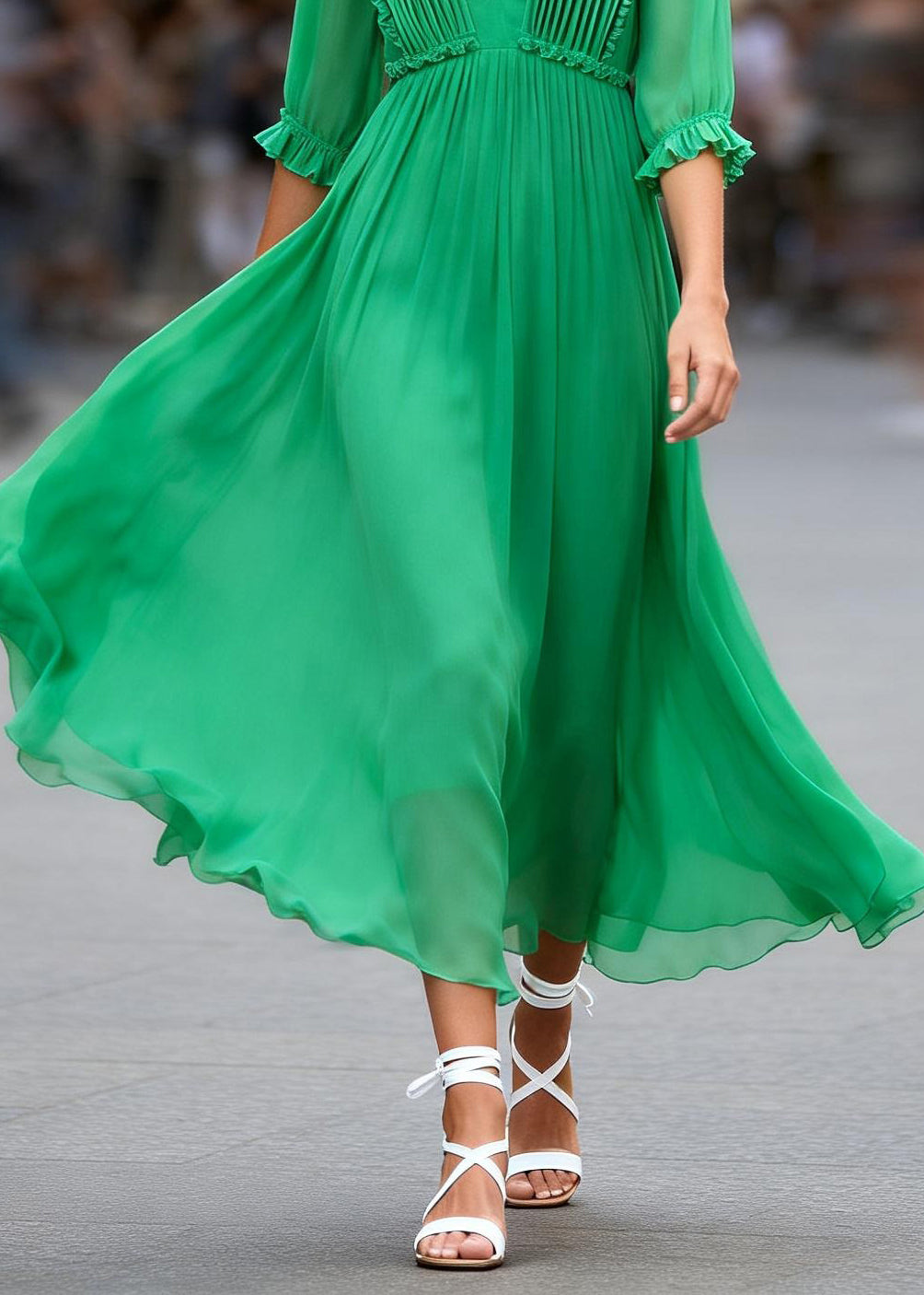 Simple Green Ruffled Patchwork Chiffon Maxi Dresses Summer