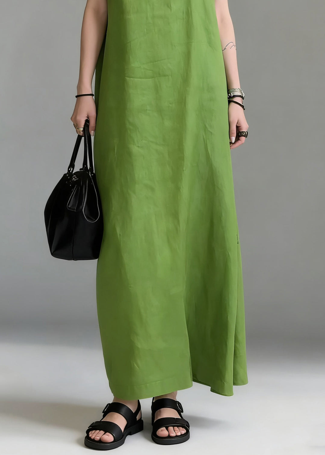 Simple Green Ruffled Solid Cotton Long Dress Sleeveless