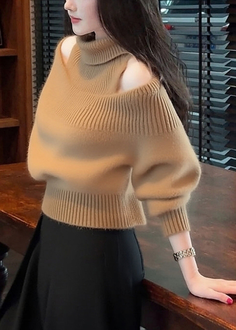 Simple Green Turtleneck Cold Shoulder Knit Sweater Winter