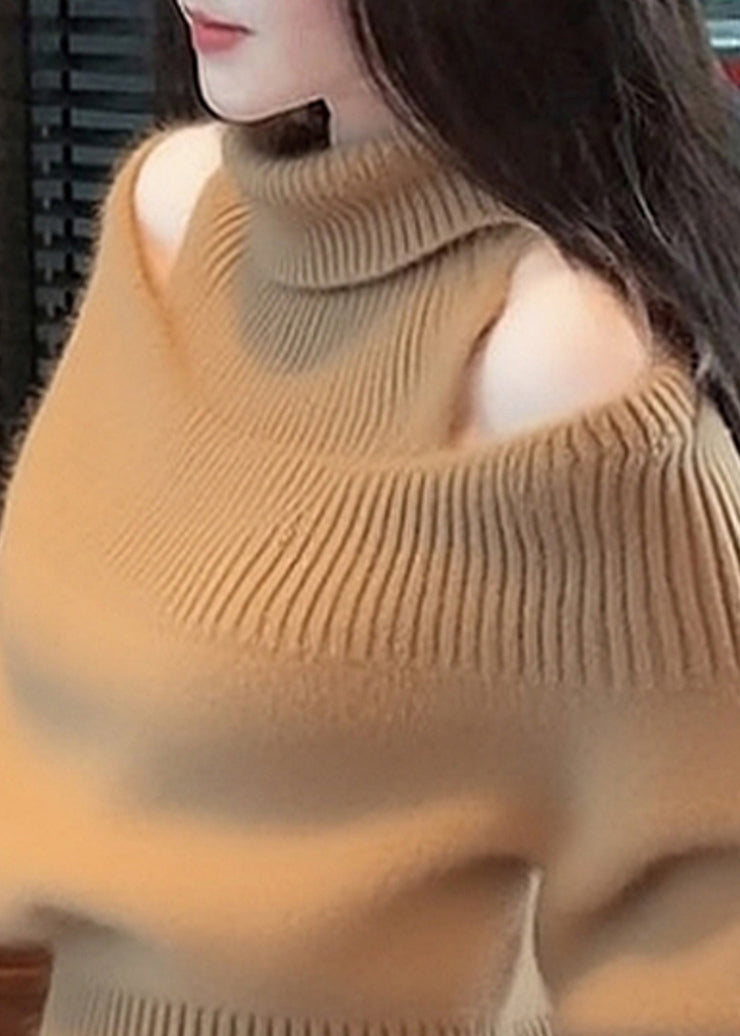 Simple Green Turtleneck Cold Shoulder Knit Sweater Winter