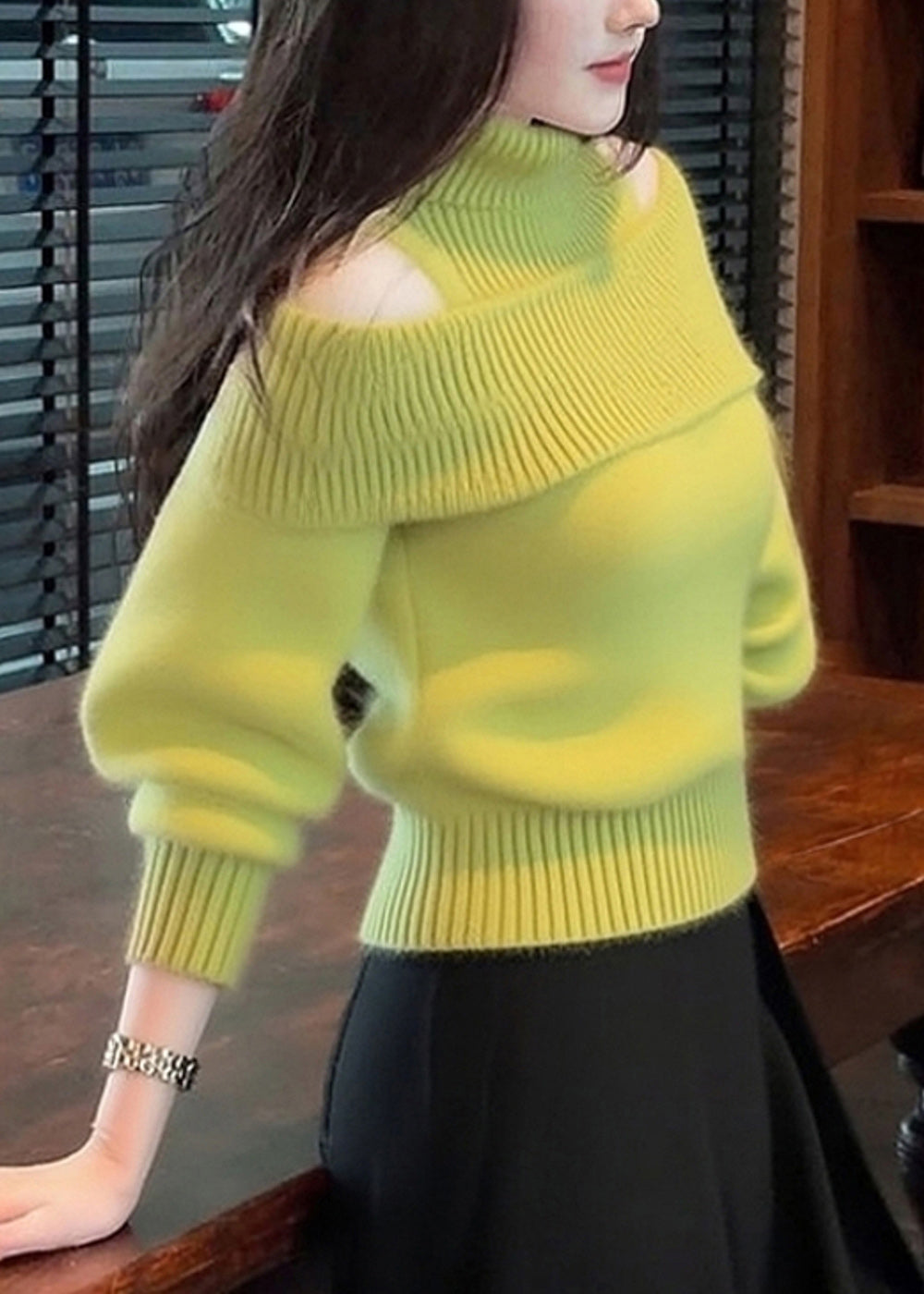 Simple Green Turtleneck Cold Shoulder Knit Sweater Winter