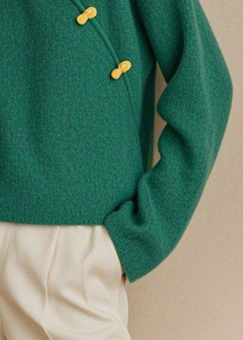 Simple Green V Neck Button Solid Knit Sweater Fall