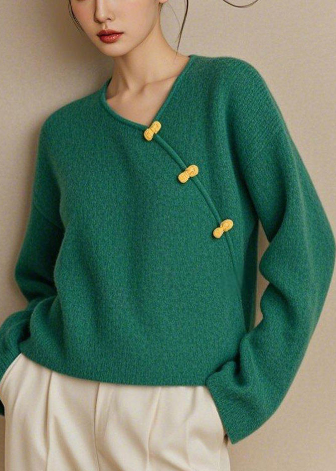 Simple Green V Neck Button Solid Knit Sweater Fall