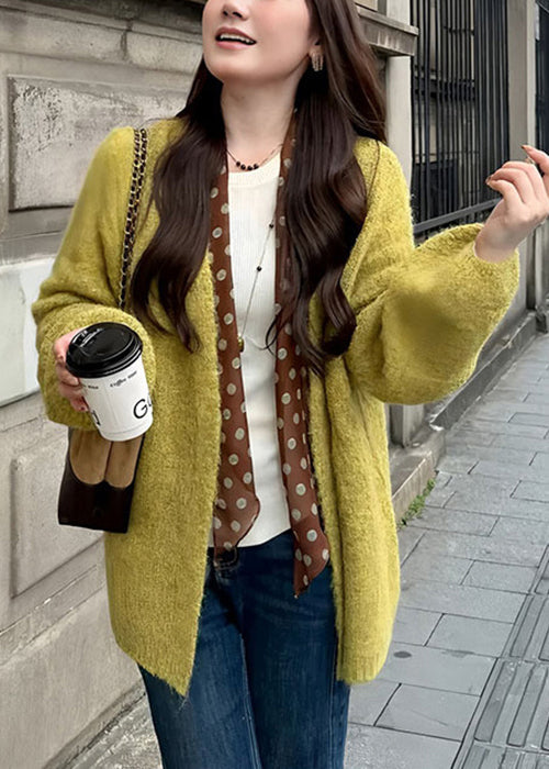 Simple Green V Neck Solid Knit Cardigans Fall