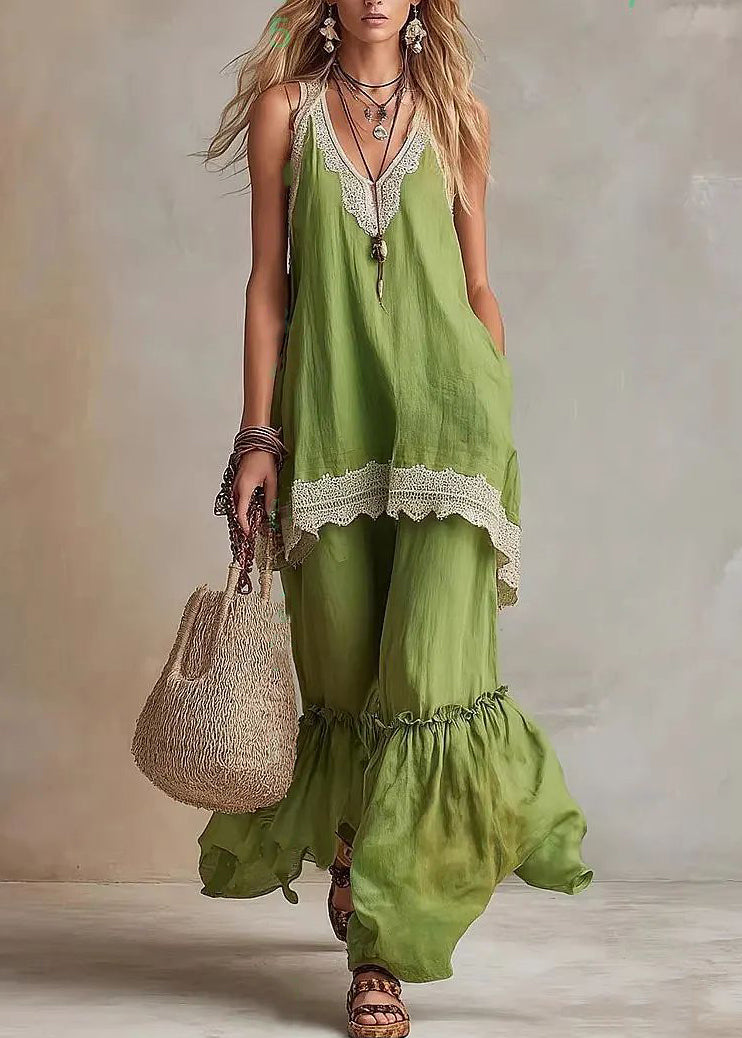 Simple Green V Neck T Shirts And Pants Two Piece Set Sleeveless
