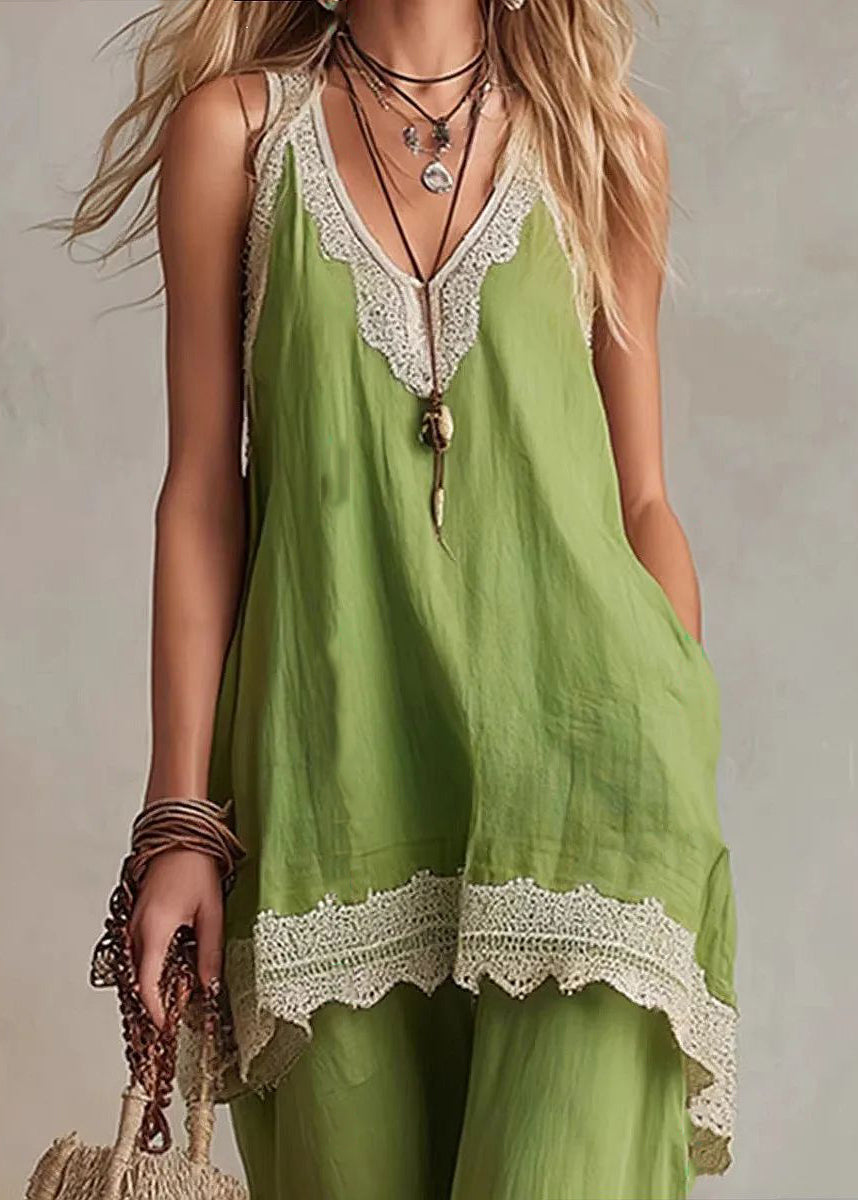 Simple Green V Neck T Shirts And Pants Two Piece Set Sleeveless