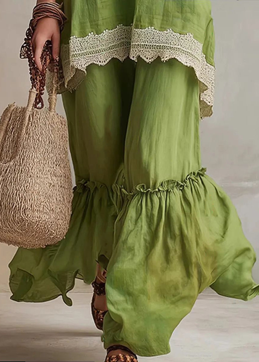 Simple Green V Neck T Shirts And Pants Two Piece Set Sleeveless