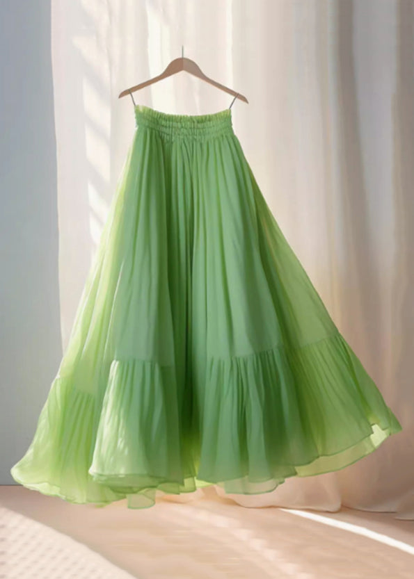 Simple Green Wrinkled Elastic Waist Chiffon Skirt Summer