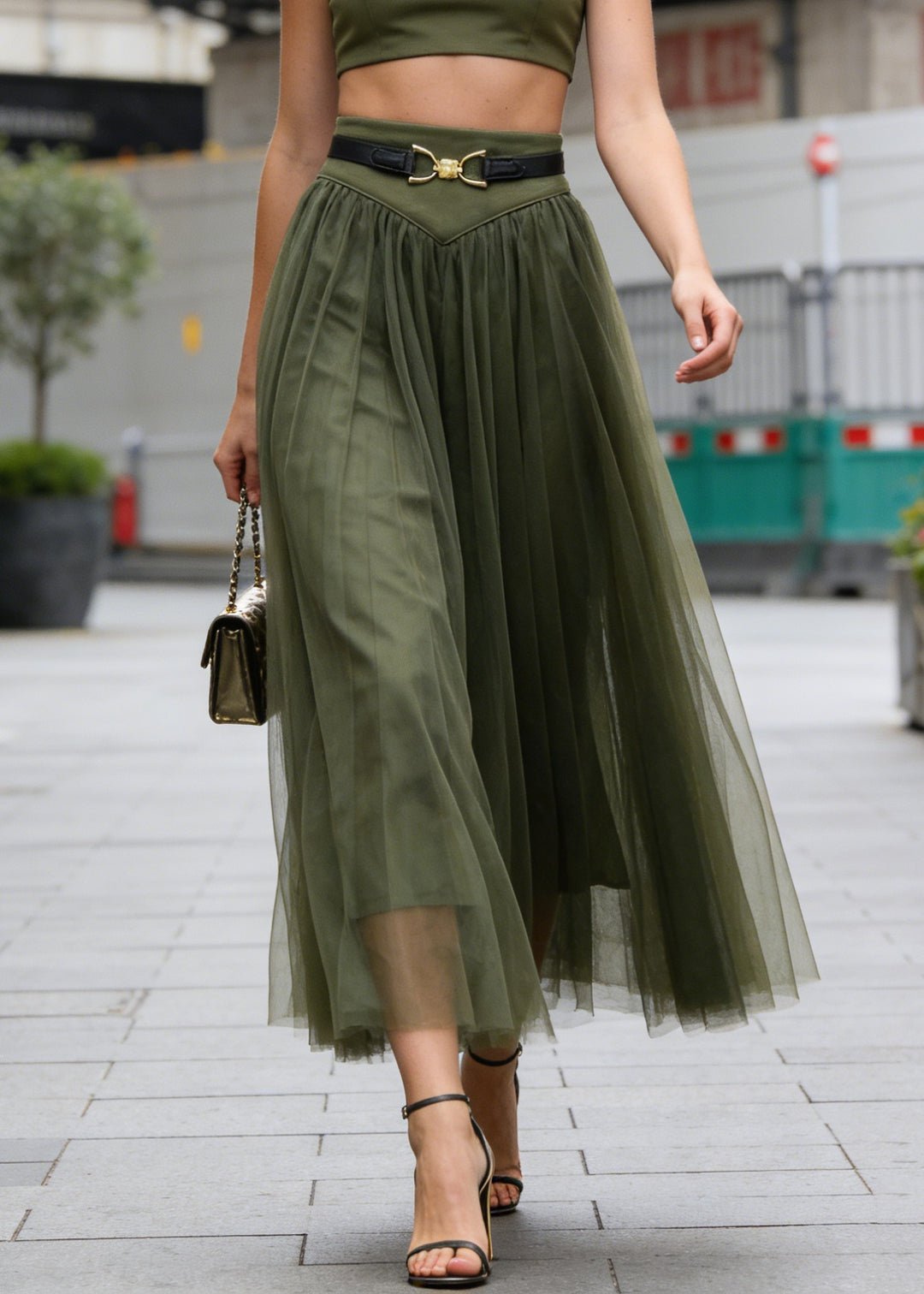 Simple Green Wrinkled Patchwork Tulle Skirts Sprin