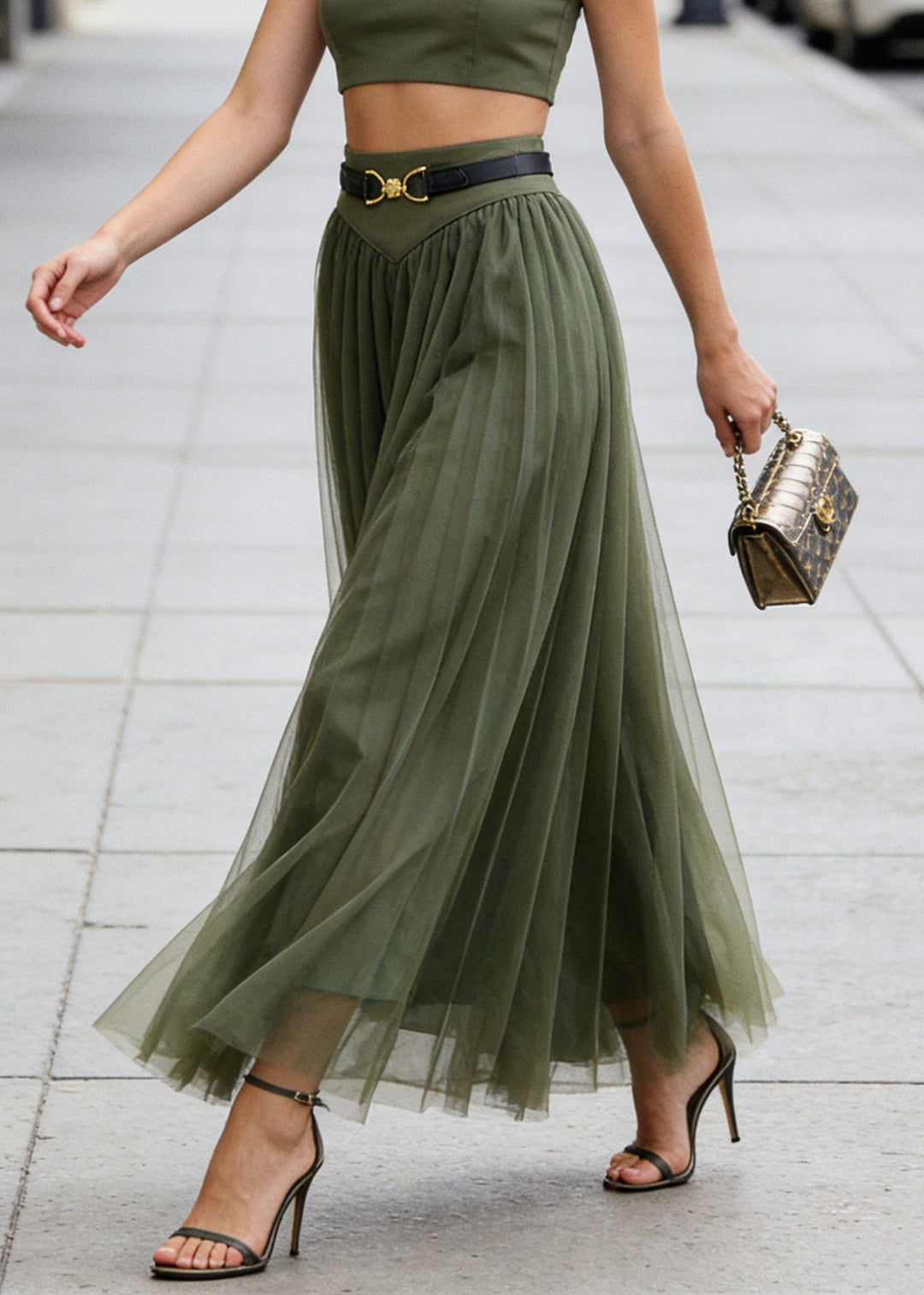 Simple Green Wrinkled Patchwork Tulle Skirts Sprin