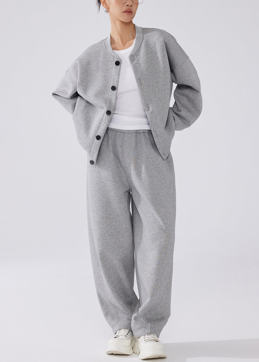 Simple Grey Button Pockets Elastic Waist Warm Fleece Two-Piece Set Winter