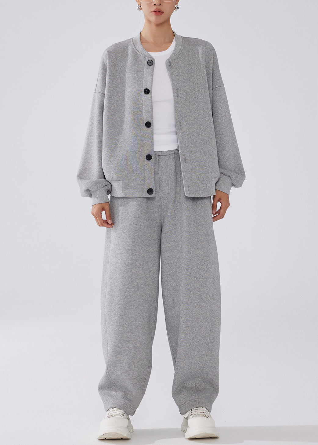 Simple Grey Button Pockets Elastic Waist Warm Fleece Two-Piece Set Winter