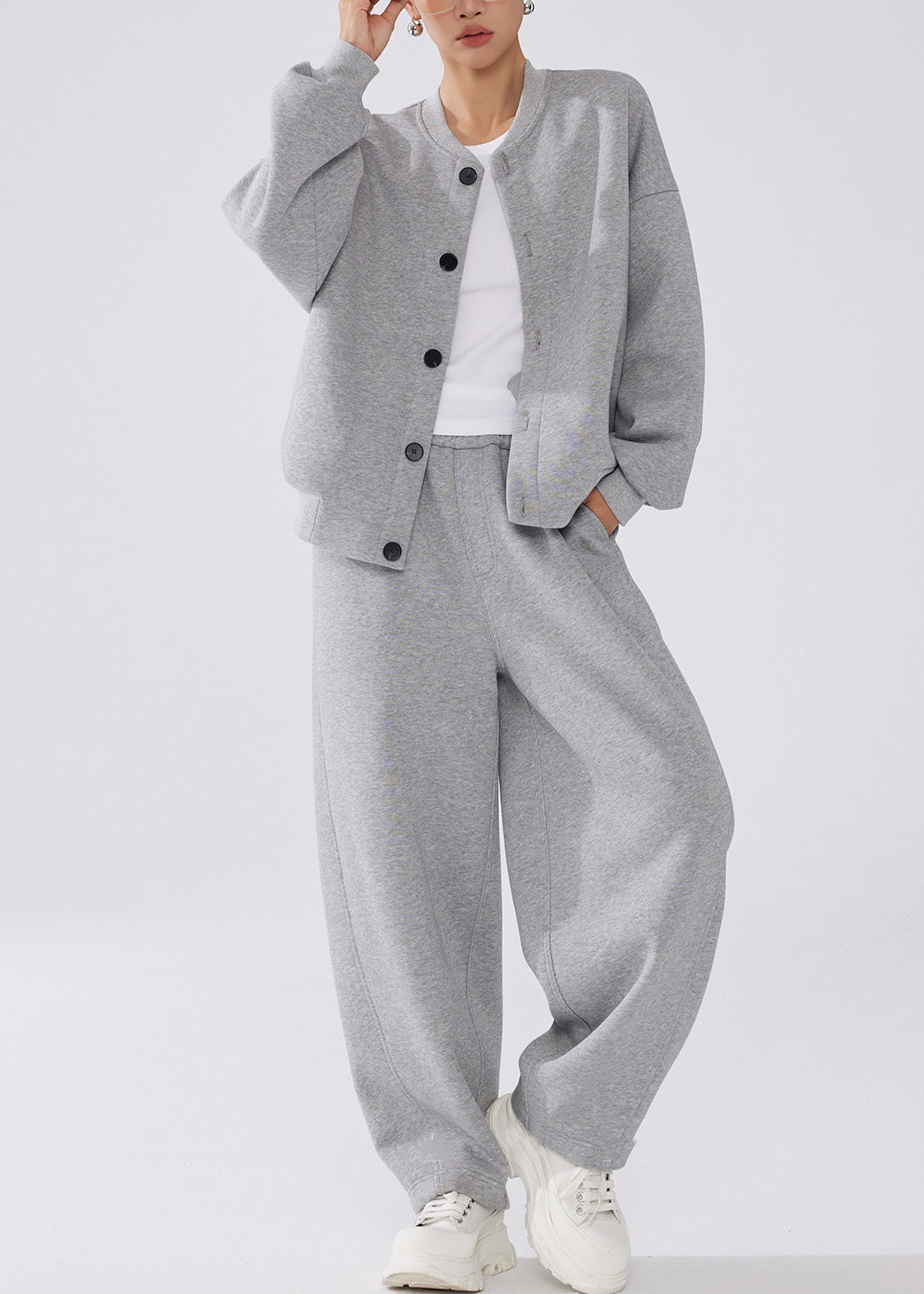 Simple Grey Button Pockets Elastic Waist Warm Fleece Two-Piece Set Winter
