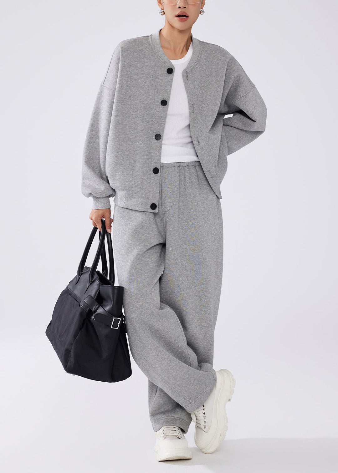 Simple Grey Button Pockets Elastic Waist Warm Fleece Two-Piece Set Winter