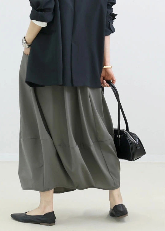 Simple Grey Elastic Waist Patchwork Cotton Skirt Fall