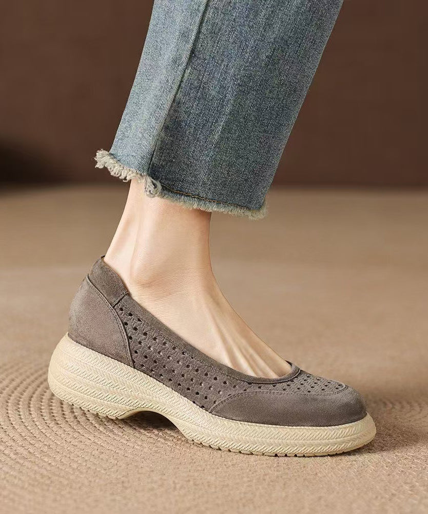 Simple Grey Faux Leather Flats Hollow Out Flat Shoes