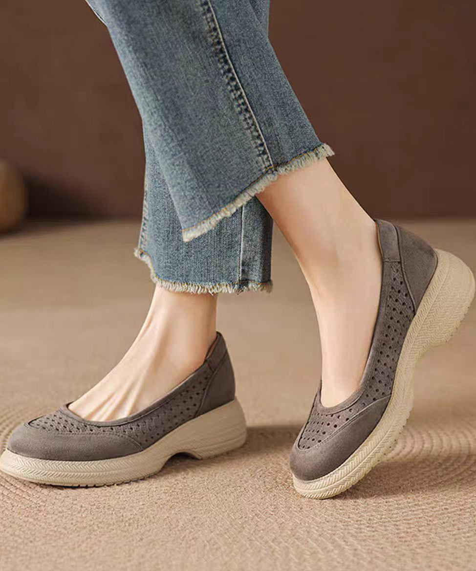 Simple Grey Faux Leather Flats Hollow Out Flat Shoes