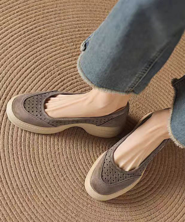 Simple Grey Faux Leather Flats Hollow Out Flat Shoes