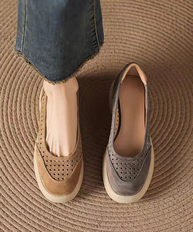 Simple Grey Faux Leather Flats Hollow Out Flat Shoes