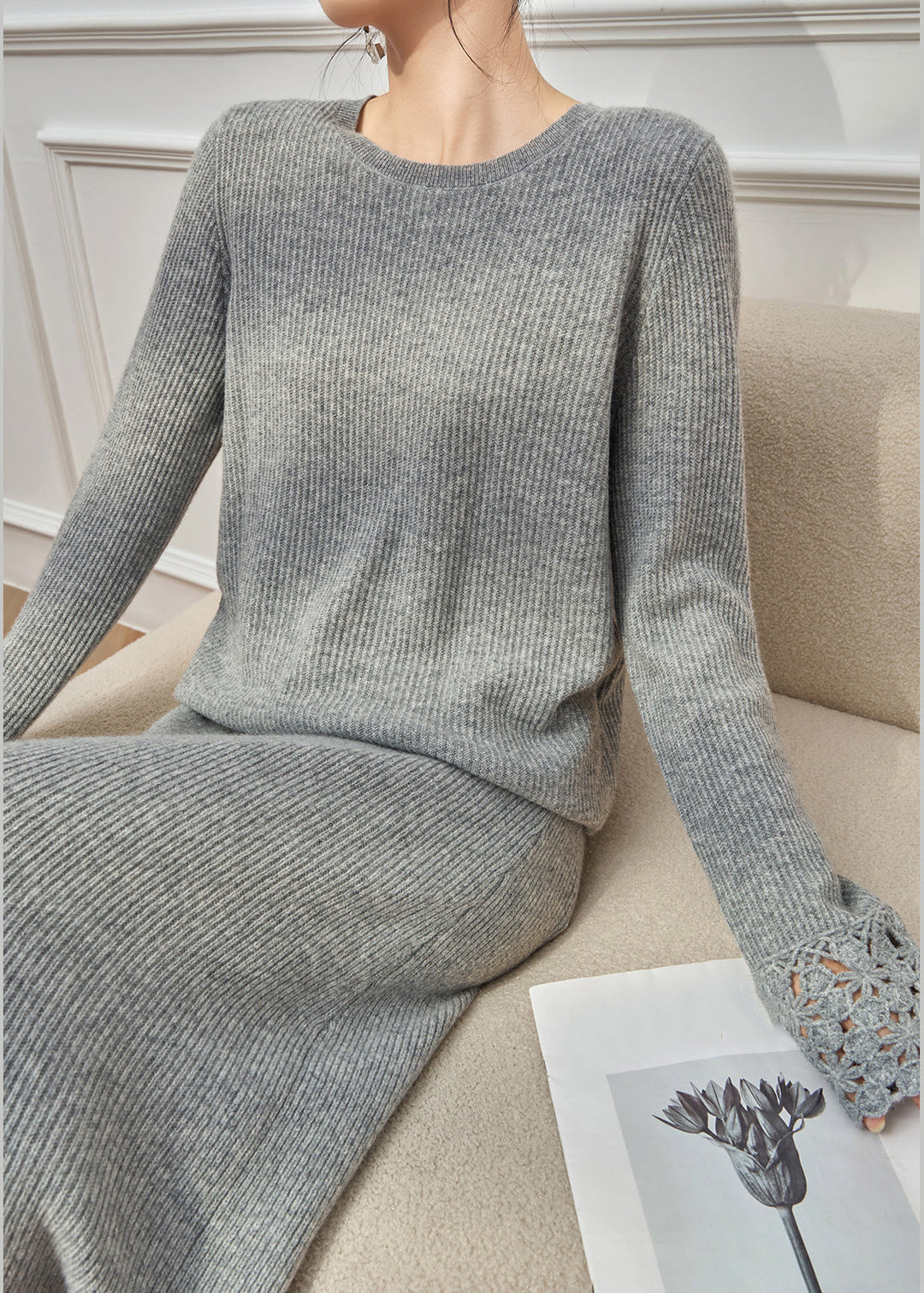 Simple Grey Hollow Out Sweaters And Skirts Knit Two Pieces Set Winter
