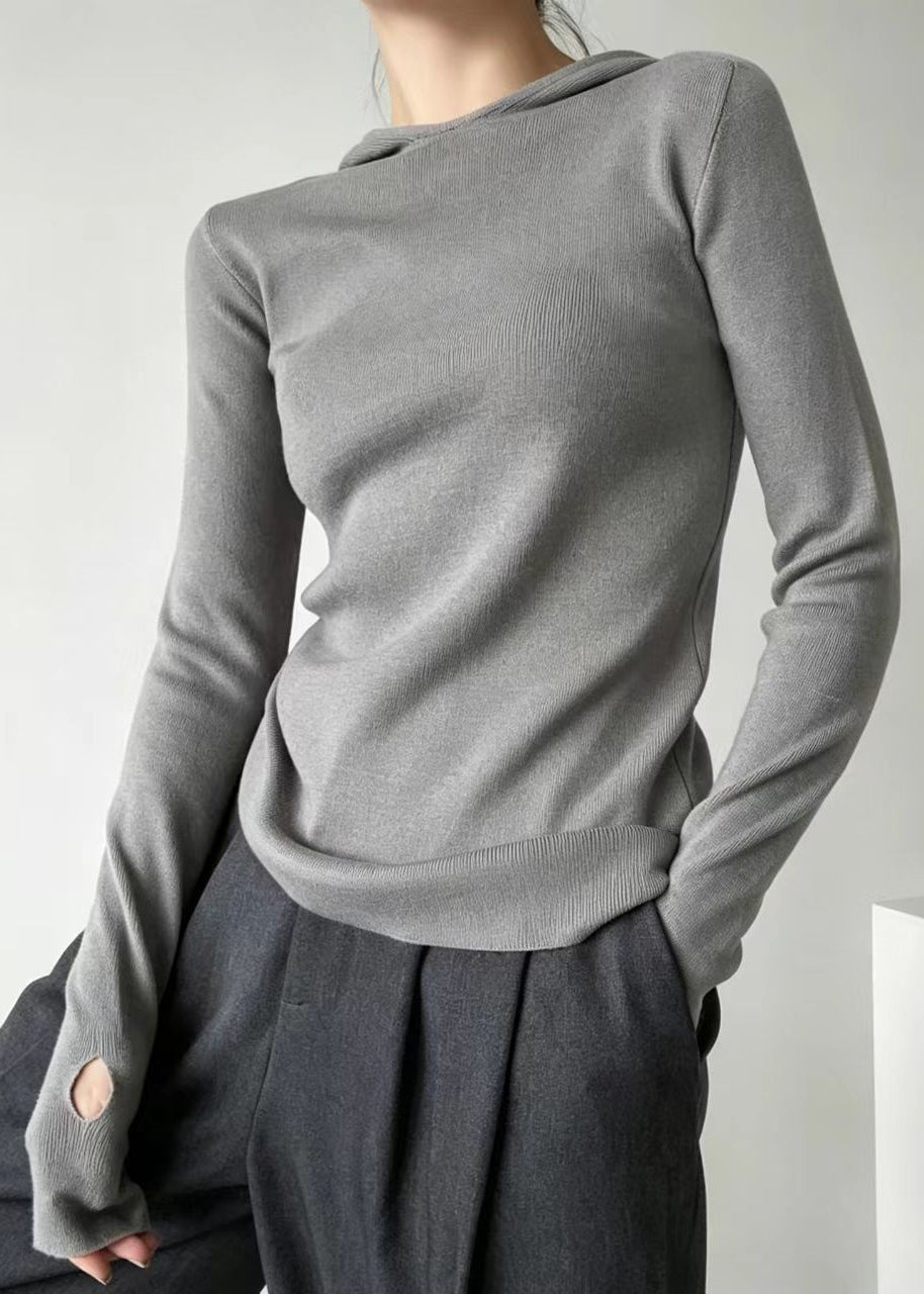 Simple Grey Hooded Thumb Hole Knit Sweater Long sleeve