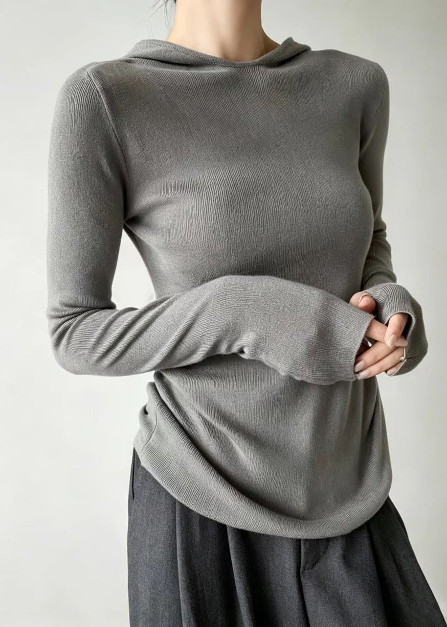 Simple Grey Hooded Thumb Hole Knit Sweater Long sleeve
