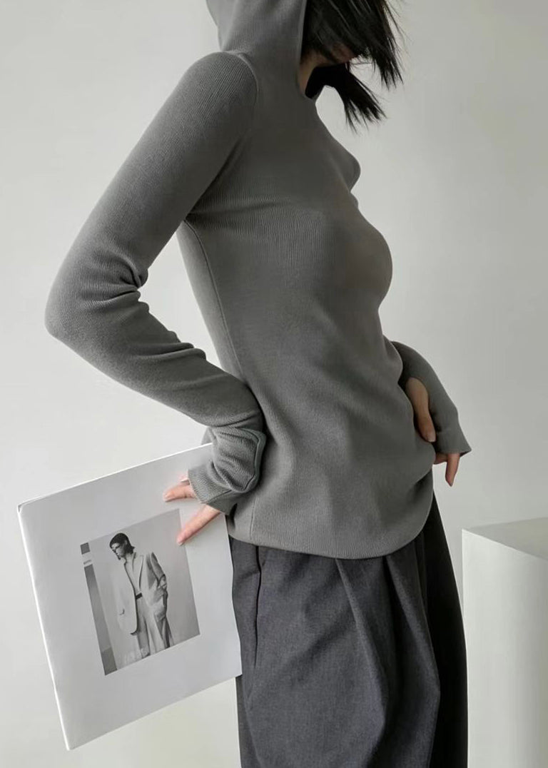 Simple Grey Hooded Thumb Hole Knit Sweater Long sleeve