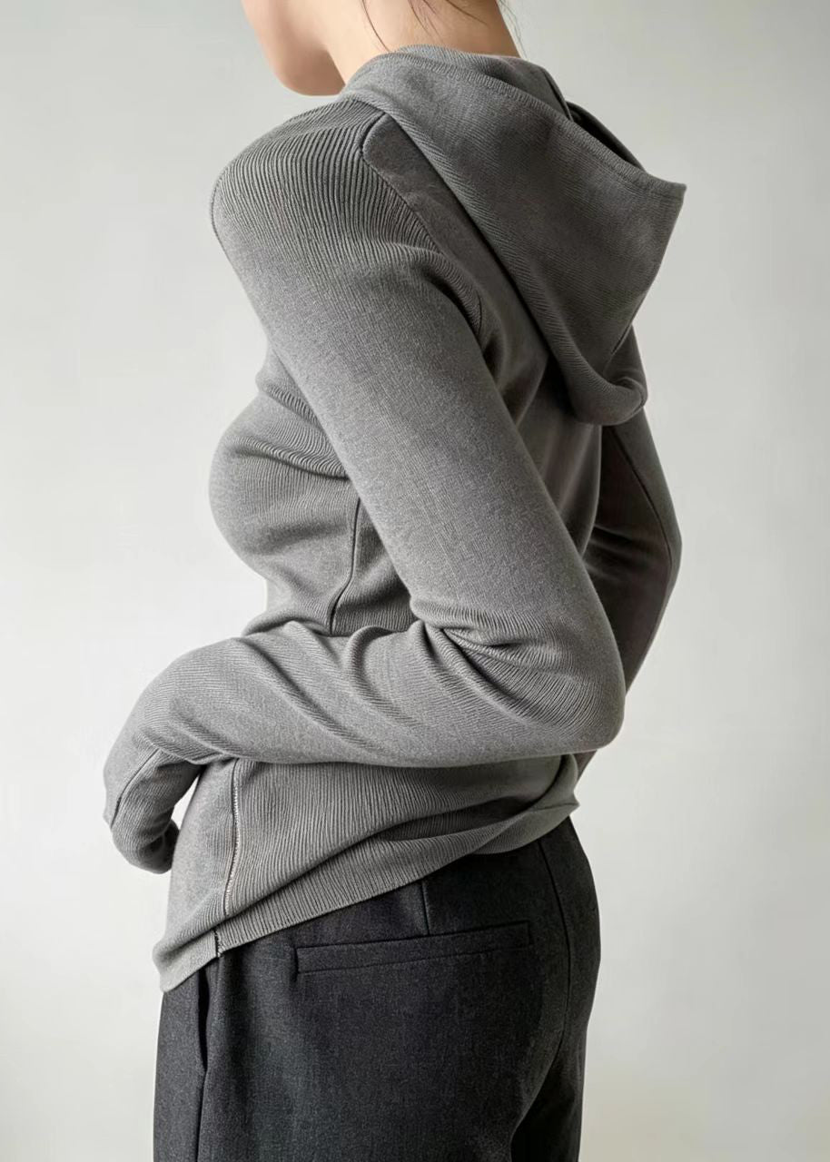 Simple Grey Hooded Thumb Hole Knit Sweater Long sleeve