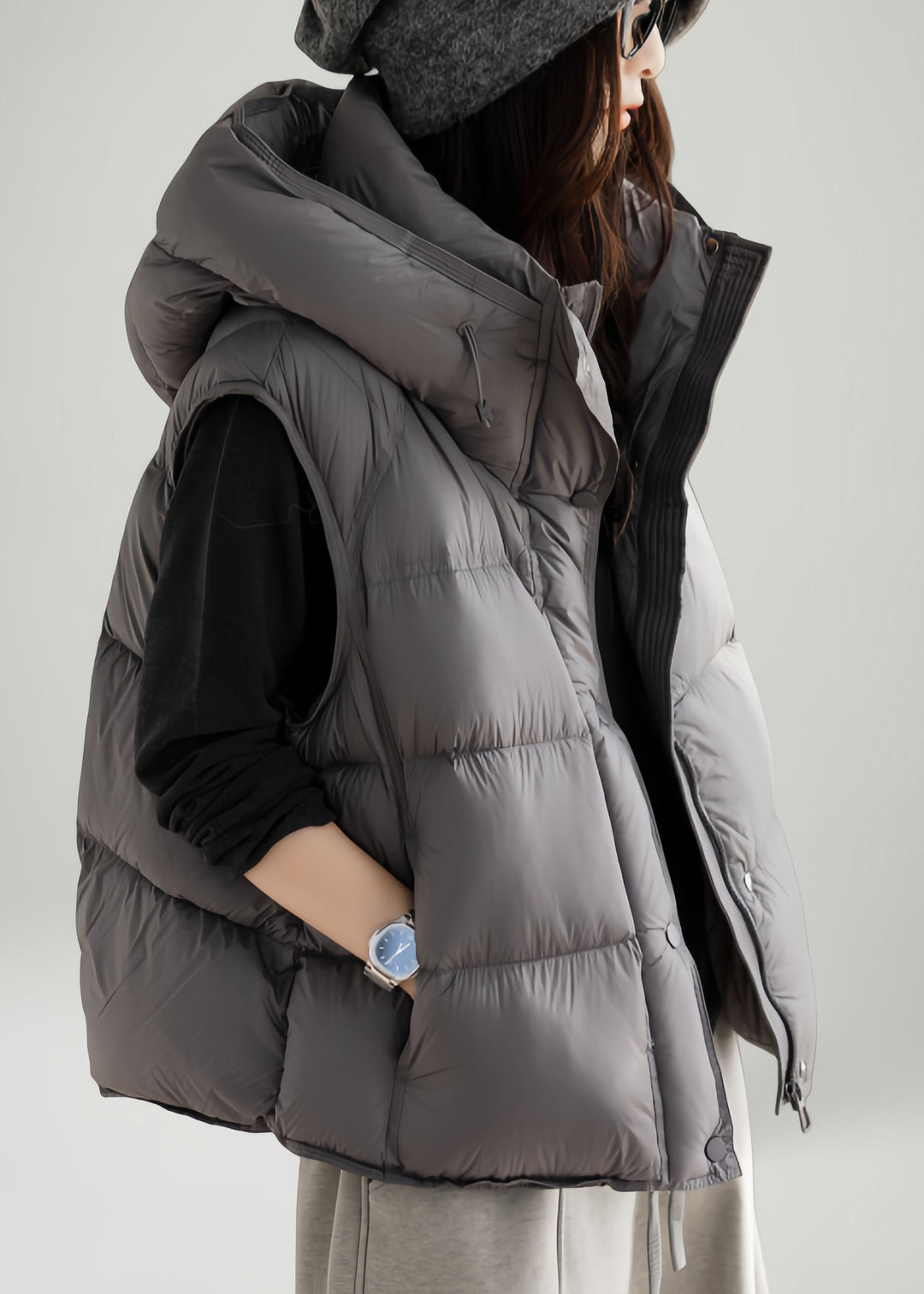 Simple Grey Hooded Warm Fine Cotton Filled Parkaer Winter