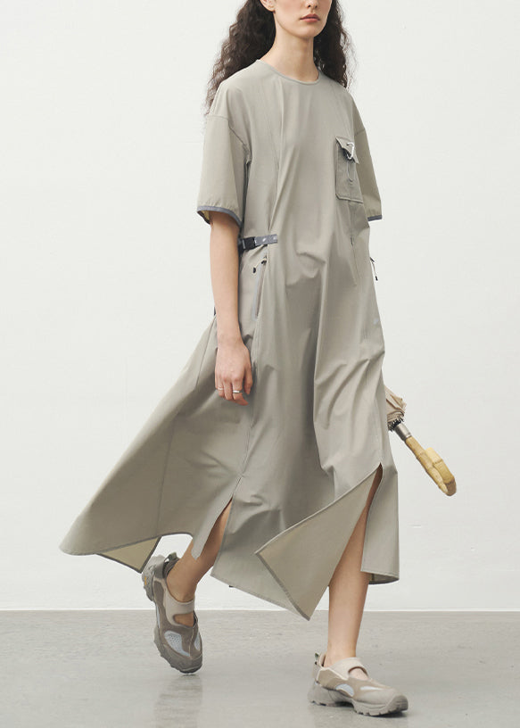 Simple Grey Khaki O Neck Pockets Patchwork Dress Summer
