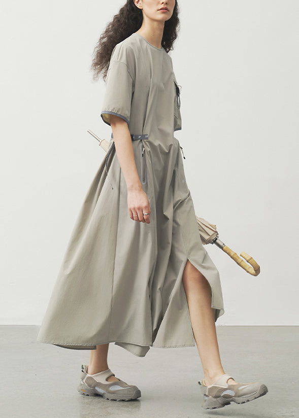 Simple Grey Khaki O Neck Pockets Patchwork Dress Summer