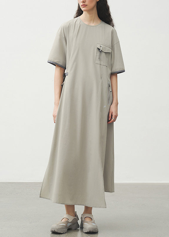 Simple Grey Khaki O Neck Pockets Patchwork Dress Summer