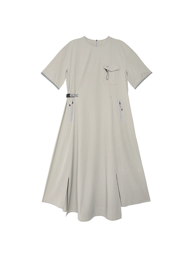 Simple Grey Khaki O Neck Pockets Patchwork Dress Summer