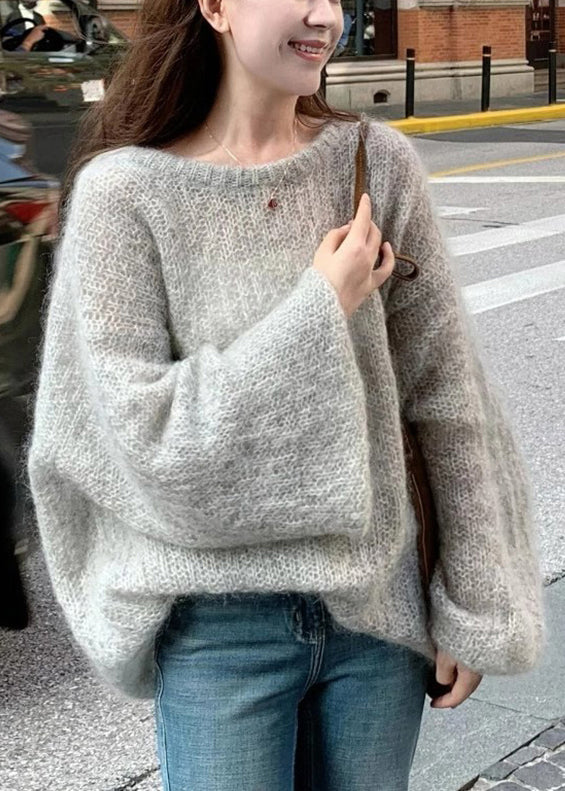 Simple Grey O-Neck Cozy Knit Sweater Winter