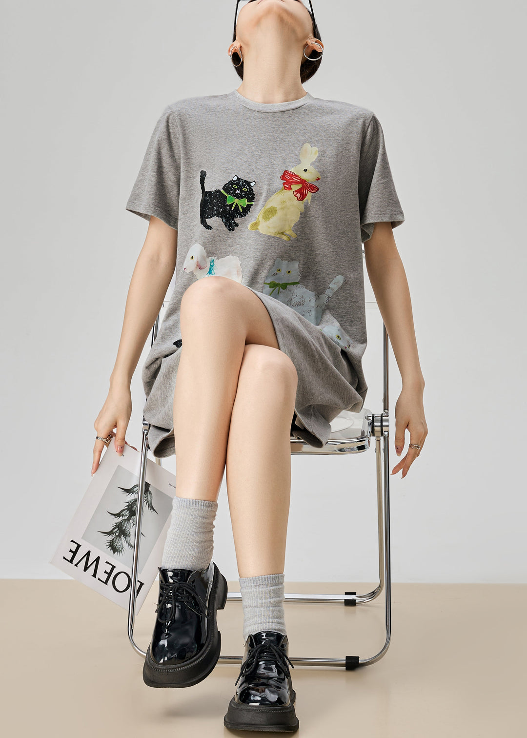 Simple Grey O Neck Print Cotton T Shirt Dress Summer