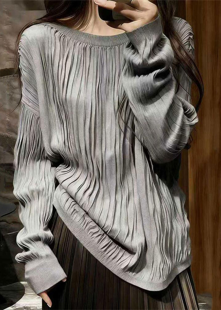 Simple Grey O Neck Wrinkled Solid Cotton T Shirts Spring