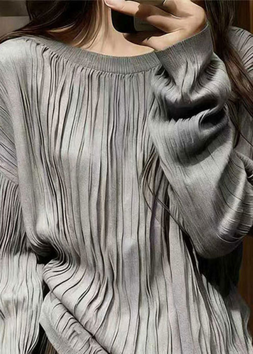 Simple Grey O Neck Wrinkled Solid Cotton T Shirts Spring