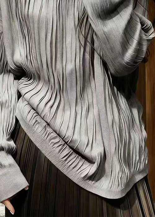 Simple Grey O Neck Wrinkled Solid Cotton T Shirts Spring