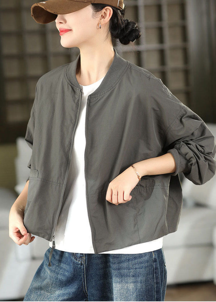 Simple Grey Oversized Pockets Cotton Jacket Fall
