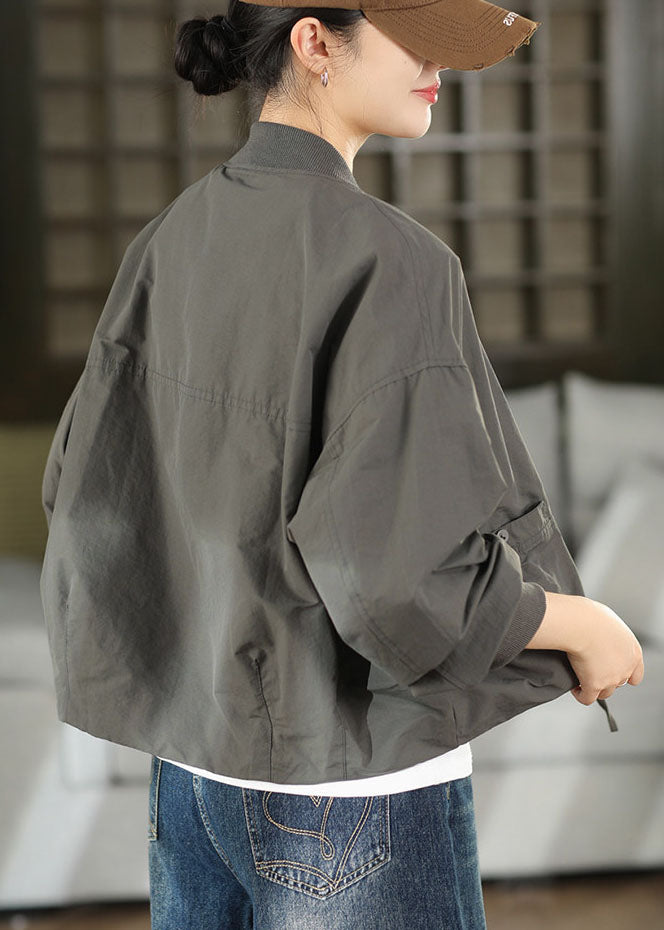 Simple Grey Oversized Pockets Cotton Jacket Fall