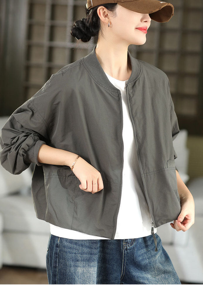 Simple Grey Oversized Pockets Cotton Jacket Fall