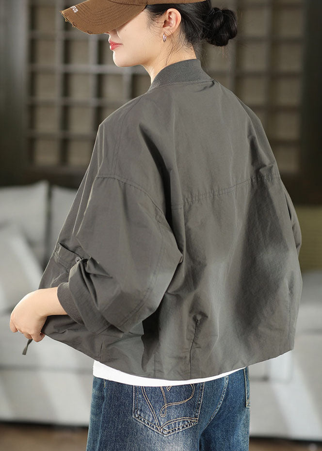 Simple Grey Oversized Pockets Cotton Jacket Fall