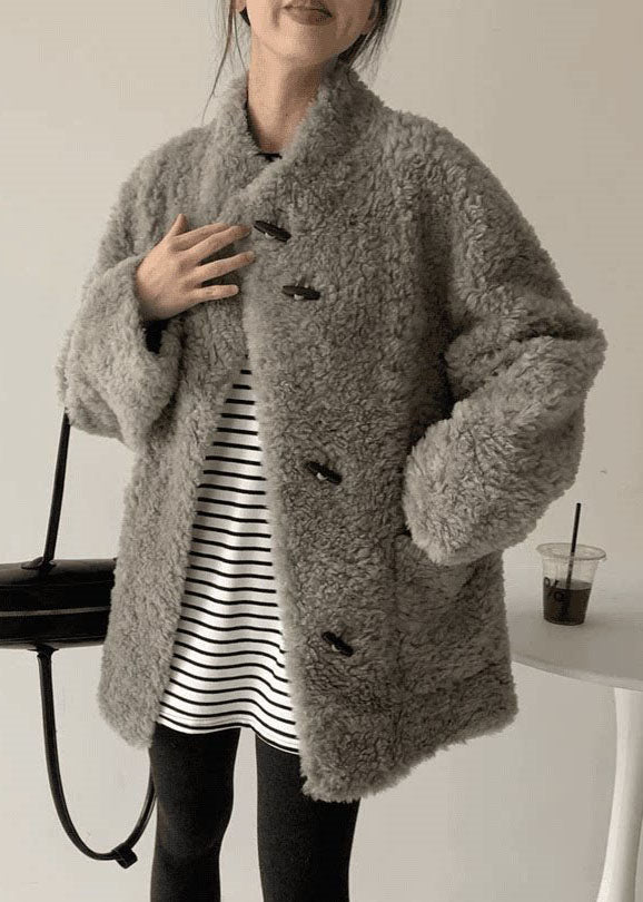 Simple Grey Stand Collar Pockets Faux Fur Coats Winter