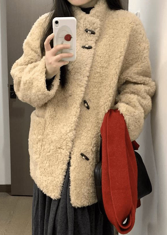 Simple Grey Stand Collar Pockets Faux Fur Coats Winter