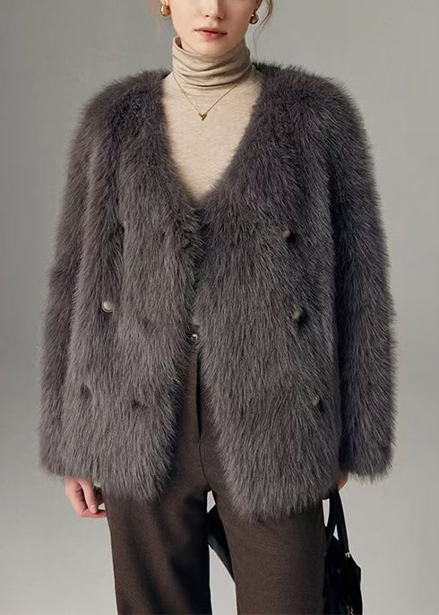 Simple Grey V Neck Double Breast Faux Fox Fur Jackets Winter