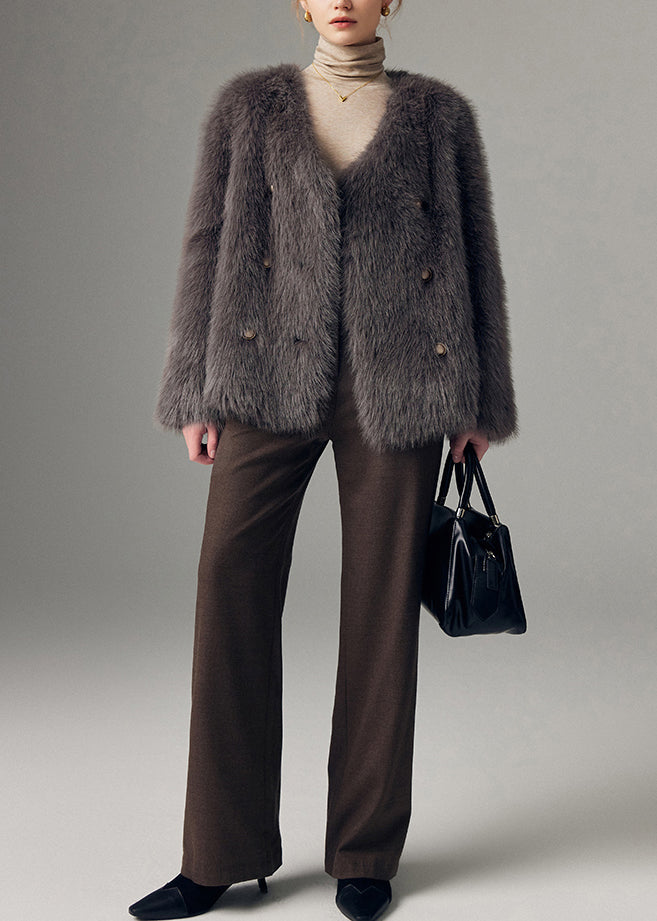 Simple Grey V Neck Double Breast Faux Fox Fur Jackets Winter