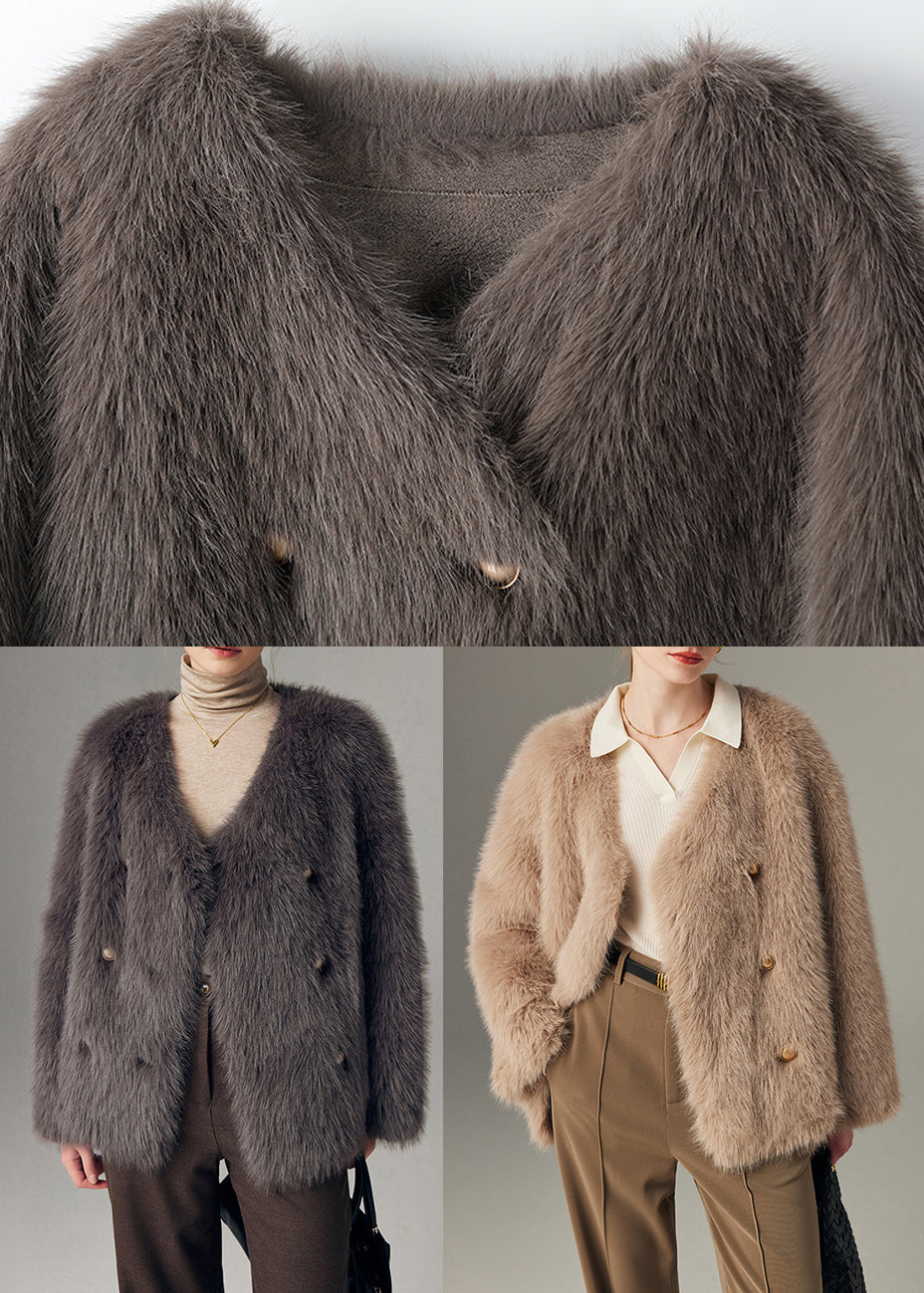 Simple Grey V Neck Double Breast Faux Fox Fur Jackets Winter